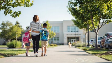 Obraz premium Back to School children with backpacks walking sidewalk adult guidance suburban trees cars modern school building highlighting care education
