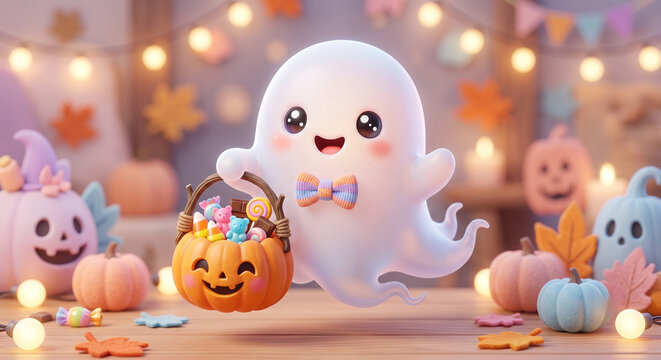 Adorable friendly ghost holding a pumpkin candy basket