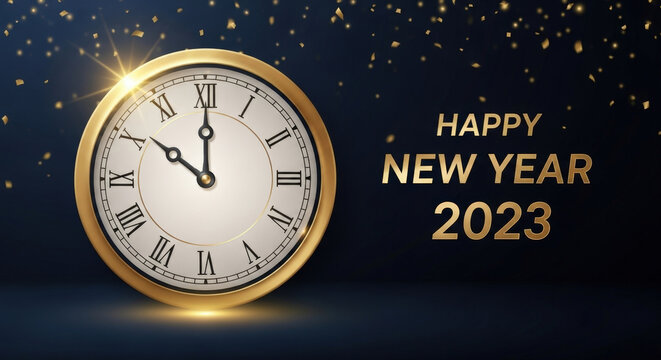 Luxury gold analog clock set against dark blue background with glittering confetti marking start of happy new year 2023 at midnight time point.