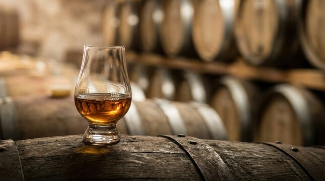 Glass of whiskey on a wooden barrel in a distillery cellar