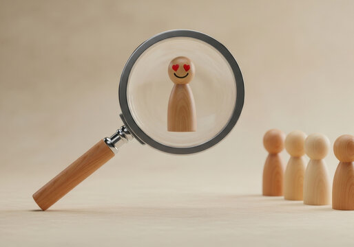 Magnifying glass focused on happy wooden person with heart eyes, concept of customer relationship management.