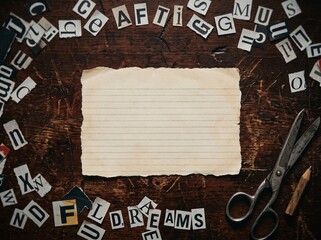 Ransom Note Mockup Flatlay with Blank Yellow Paper Cutout Newspaper Letters and Vintage Scissors on Wooden Desk © Md Limon islam