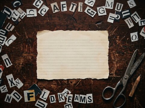 Ransom Note Mockup Flatlay with Blank Yellow Paper Cutout Newspaper Letters and Vintage Scissors on Wooden Desk