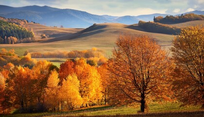 Obraz premium Autumn Landscape With Trees Falling Leaves And Gentle Hills In The Background