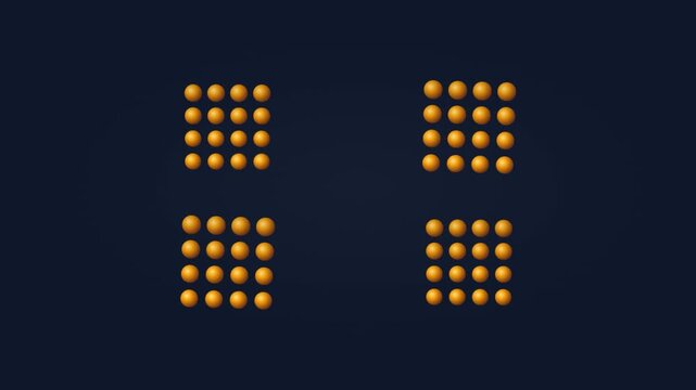 Animated Gold Spheres Arranged in Four Geometric Grids Floating on Dark