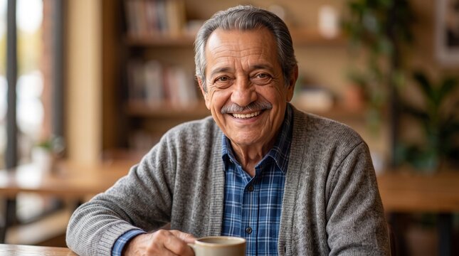 Senior Man Smiling With Coffee at Home