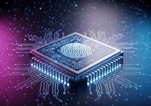 Microchip processor featuring glowing fingerprint symbol as center element symbolizing digital security biometrics identification tech advancement.