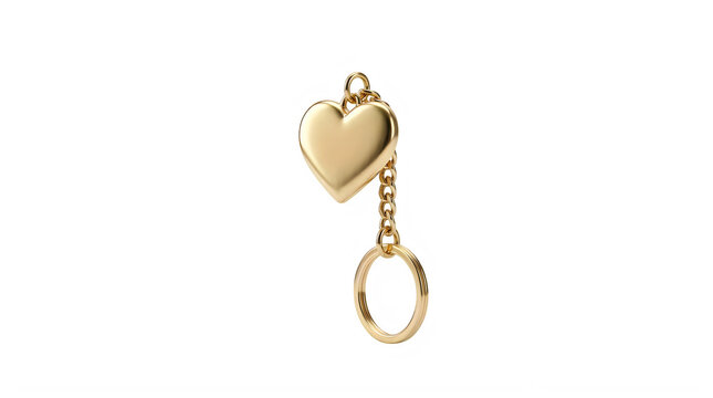 Gold heart keychain isolated on white. Metal heart charm with ring for keys or accessories.