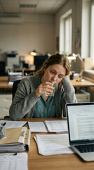 Obraz premium Exhausted Woman Drinks Water At Work Desk Overwhelmed With Tasks