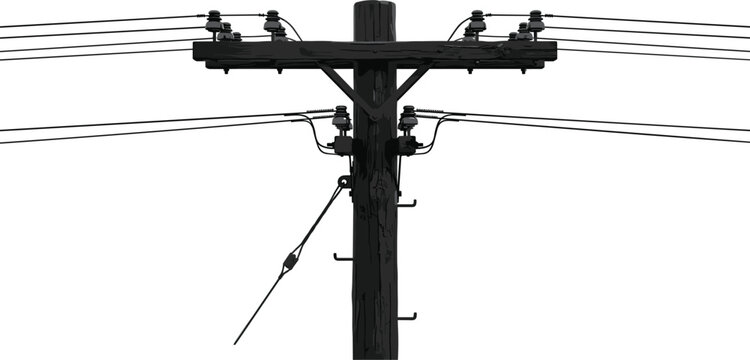 Wooden utility pole silhouette with high voltage electrical power lines crossarm and insulators isolated on white background