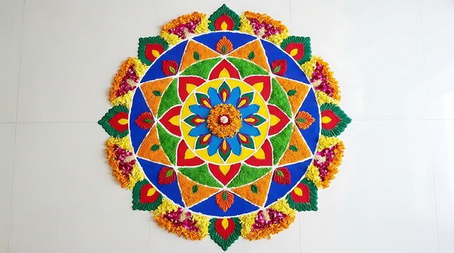 A vibrant and colorful rangoli design on a white floor for a special Indian occasion
