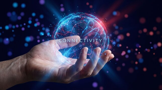 A hand holding a glowing blue globe with interconnecting lines and the word connectivity.