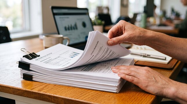 Reviewing financial report document pages with charts laptop and coffee cup on wooden desk.