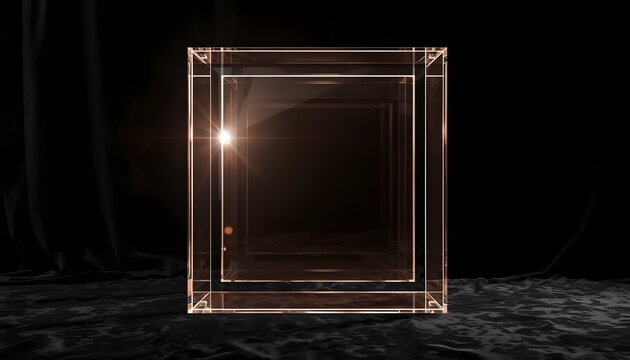 Abstract transparent glass cube structure floating in dark space with black fabric background with set against dark backdrop draped fabric structure golden edges