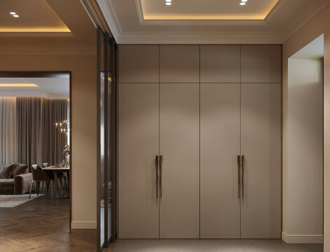 Minimalist built-in wardrobe with elegant cabinetry, warm indirect lighting, and refined contemporary residential interior design.
