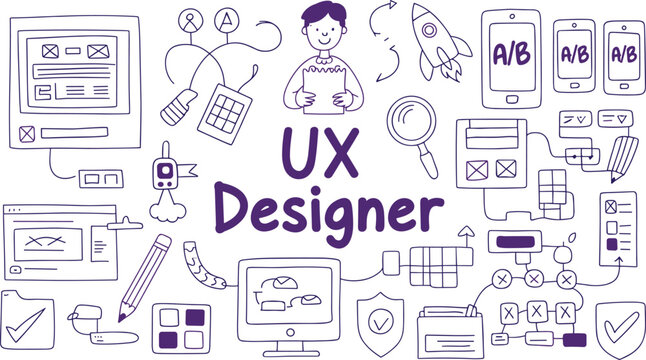 User experience UX designer process concept sketch including wireframes testing prototypes and interface design vector elements