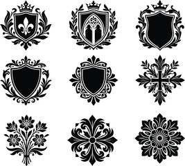 Vintage ornaments vector set, royal coat of arms shields with crowns, fleur de lis, christian cross, floral rosette medallions collection © Graphiccircle