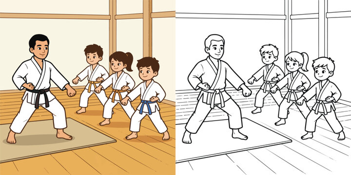 Karate downward block demonstration Downward Block (Gedan Barai) educational cartoon clipart and line art print illustration vector colouring book for children drawn hand drawn.