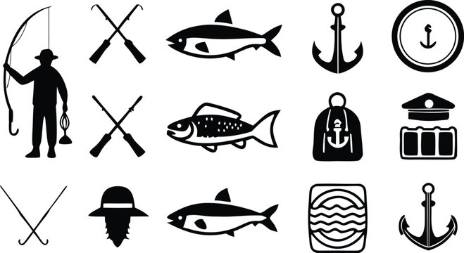 Set of black and white nautical and fishing themed icons featuring fish anchors and fishing gear silhouettes
