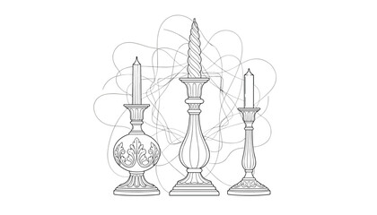 Fototapeta premium Elegant line art illustration showing three ornate vintage candlesticks with lit candles on a modern abstract background.