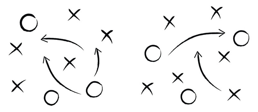 Hand drawn doodle football tactics strategy game plan for football basketball and handball with arrows X and O symbols vector illustration.