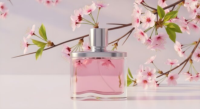 Perfume bottle with pink liquid surrounded by cherry blossom branches on a light surface