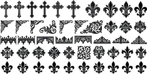 Fleur de lis vector set, vintage gothic ornaments, decorative black christian crosses, baroque scroll corners, elegant borders, icons for frames © Graphiccircle