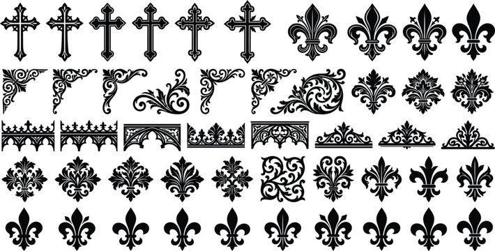 Fleur de lis vector set, vintage gothic ornaments, decorative black christian crosses, baroque scroll corners, elegant borders, icons for frames