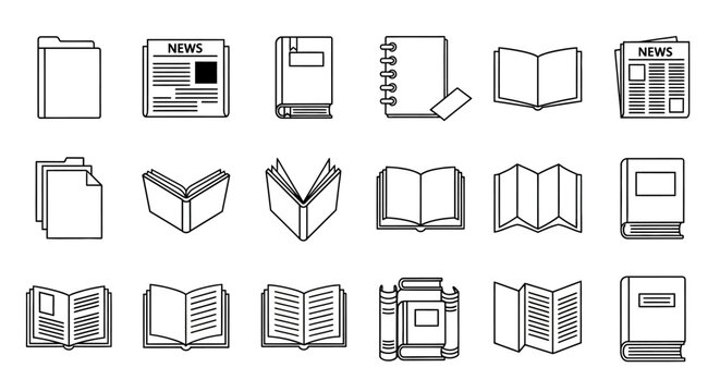 A comprehensive collection of outline icons representing various books, folders, open publications, and newspapers in a clean vector style