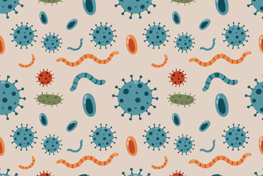 Seamless pattern of various microorganisms, bacteria, viruses, and worms on a neutral beige background.