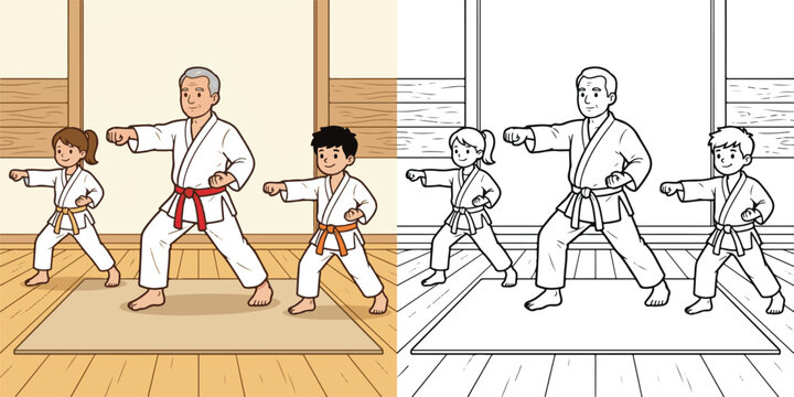 Karate master demonstrating Inside Block (Uchi Uke) educational cartoon clipart and line art print illustration vector colouring book for children drawn hand drawn.