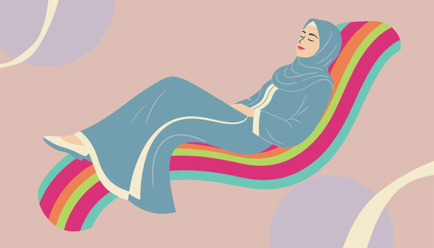 Calm vector illustration of a modern Muslim woman in a blue hijab peacefully relaxing on a colorful striped lounge chair.