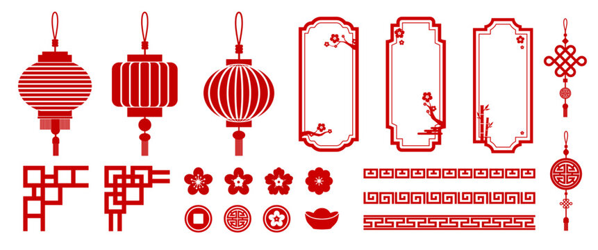 Chinese Culture Decoration Graphic Element Set Red Lantern Frame Blossom And Asian Knot Vector For Lunar New Year Greeting Card And Menu