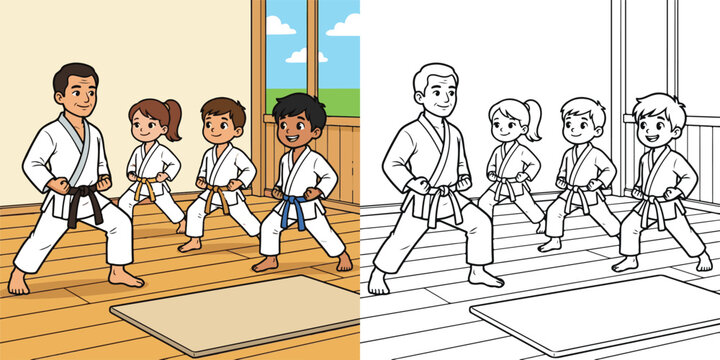  Karate master teaching front stance educational cartoon clipart and line art print illustration vector colouring book for children drawn hand drawn.