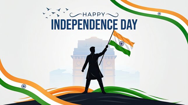 Celebrating india's independence day patriotic silhouette with national flag and monument
