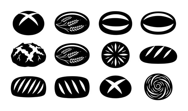 12 Black and White Bread Icons, Bakery Vector Set, Pastry Food Graphics, Delicious Baked Goods Collection