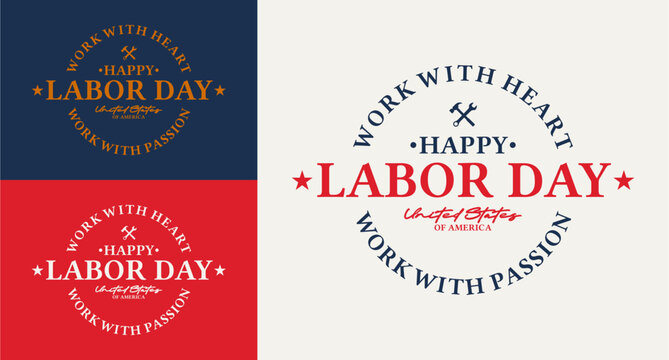 Illustration vector of happy labor day vintage retro classic circular stamp badge emblem typography feauturing crossed wrench and hammer suitable for patriotic usa us america labor day design identity
