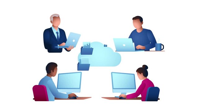 Modern business vector illustration featuring a diverse remote team securely collaborating through cloud storage with protected file sharing, cybersecurity shield, and digital document management.
