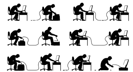 Silhouette of Person Working on Laptop, Connecting Devices, Technology Workflow, Office Setup, Digital Connection Icons © Kalu