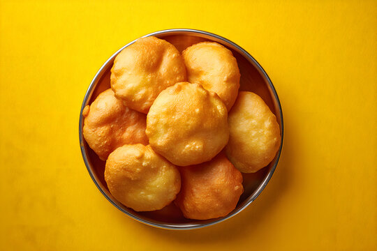 Traditional Botswana halal Vetkoek fried bread cakes in stainless steel bowl on yellow background, top view.
