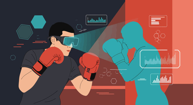 Man training boxing in virtual reality simulator with holographic opponent and interactive data graphics