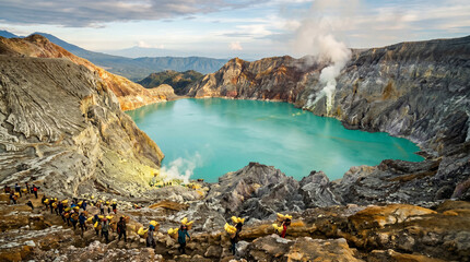 View of the Ijen volcano or Kawah Ijen with the turquoise coloured acidic crater lake. Its crater is filled with the biggest in the world acid lake. There is a sulfur mine where volcanic gasses go, Ea © pinan