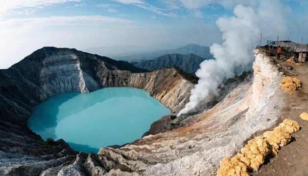 View of the Ijen volcano or Kawah Ijen with the turquoise coloured acidic crater lake. Its crater is filled with the biggest in the world acid lake. There is a sulfur mine where volcanic gasses go, Ea