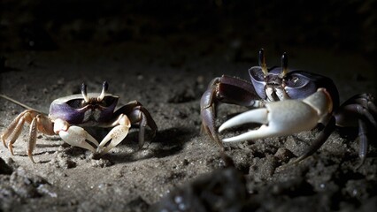 Close up of Male fiddler crabs waving with large claw in courtship display on the muddy tidal flat, Raja Ampat, Indonesia.  © pinan