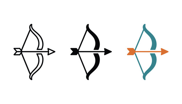 Archer bow and arrow weapon icons set in outline solid and orange-teal color styles for gaming archery sports or historical combat themes in vector graphic design and app elements