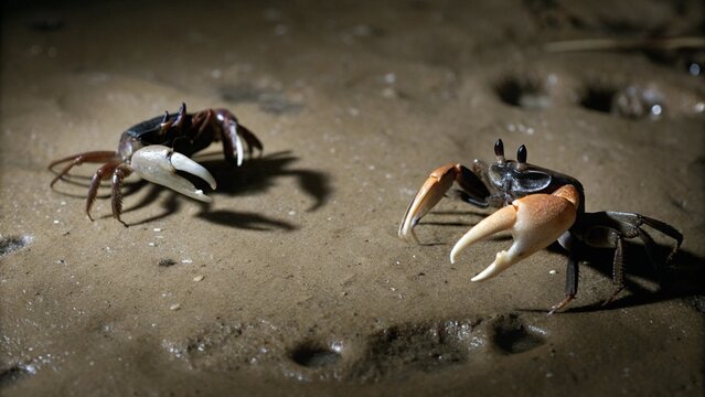 Close up of Male fiddler crabs or Ghost crab (Ocypodidae) display the claw and fight to protect their small patch of beach from intruders on the muddy tidal flat, Northern Australia.
