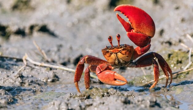 Close up of Male fiddler crabs waving with large claw in courtship display on the muddy tidal flat, Raja Ampat, Indonesia.
