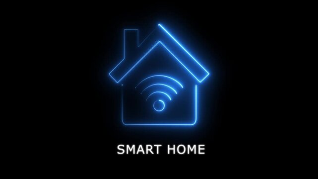 Smart home technology icon with neon blue house symbol and wireless Wi-Fi signal indicator for home automation, intelligent property control, and real estate innovation 4k loop..