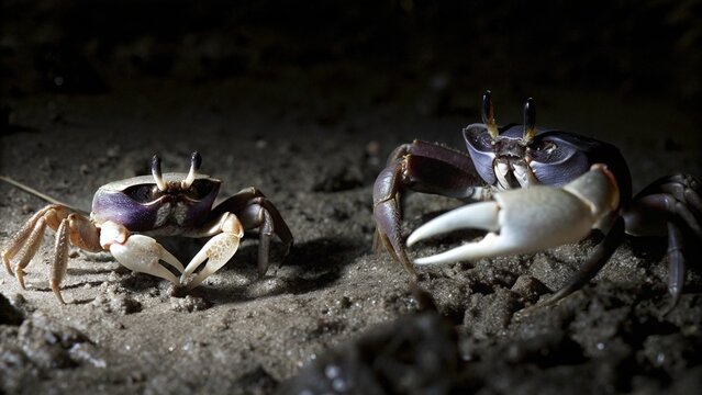 Close up of Male fiddler crabs waving with large claw in courtship display on the muddy tidal flat, Raja Ampat, Indonesia.
