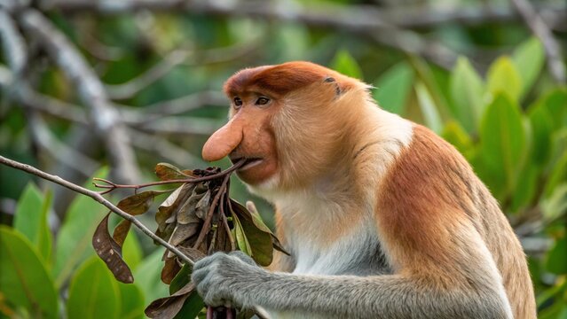 Male Proboscis Monkey (Nasalis larvatus) chewing dry mangrove leaves for attracting mate, Borneo, Malaysia.
